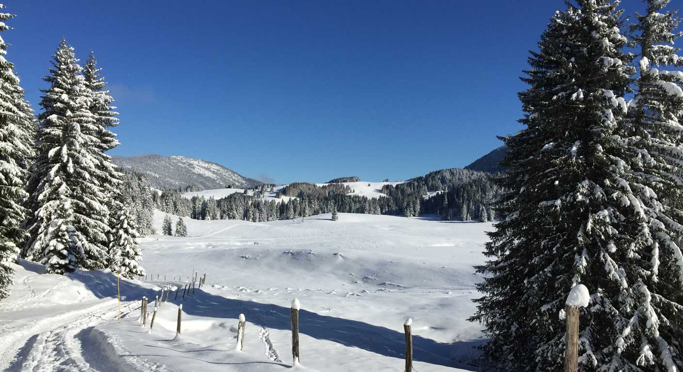 Notre Dame Neige se situe dans le magnifique décor du plateau des Glières randonnée en raquettes ou skir de fond accès par les pistes
